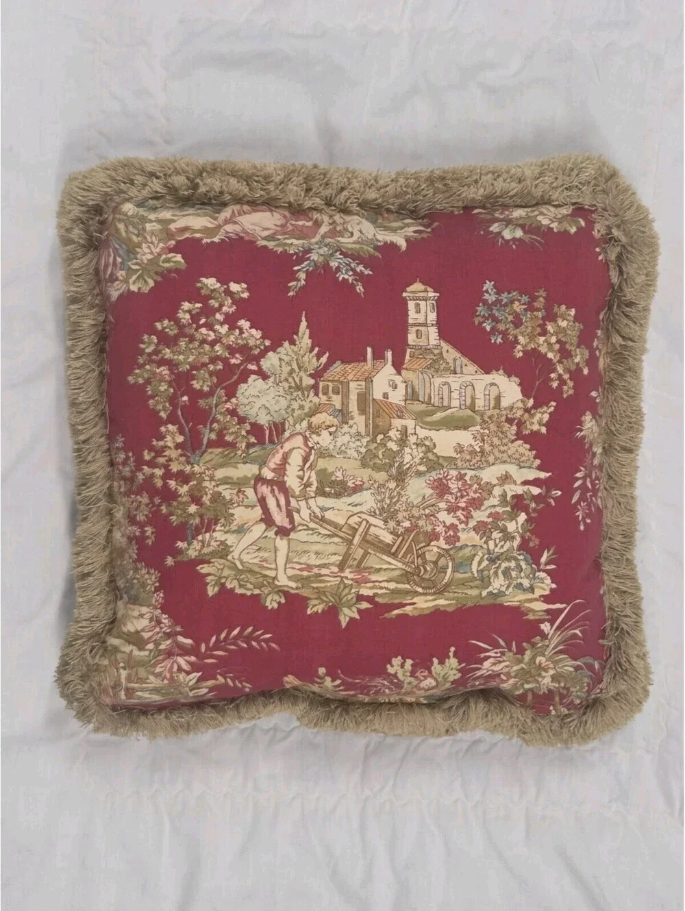 Wesley Hall 17 x 17 Fremont Red Pastorale Toile De Jouy Fringed Throw Pillow Vtg